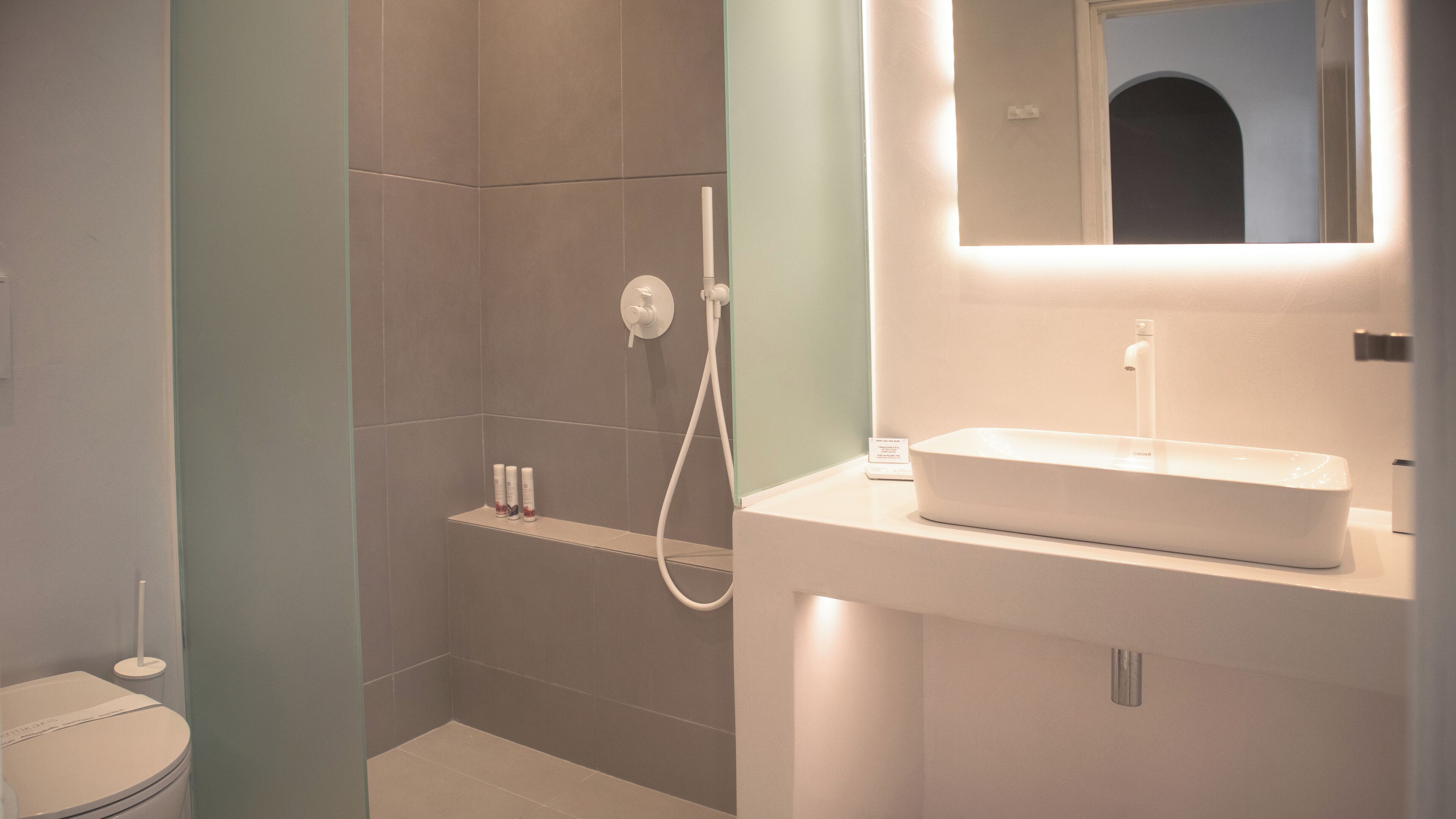 A modern bathroom with a shower, a sink, and a mirror.