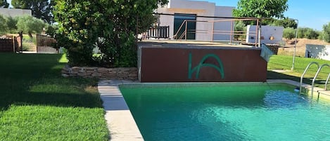 Seasonal outdoor pool, pool umbrellas, pool loungers