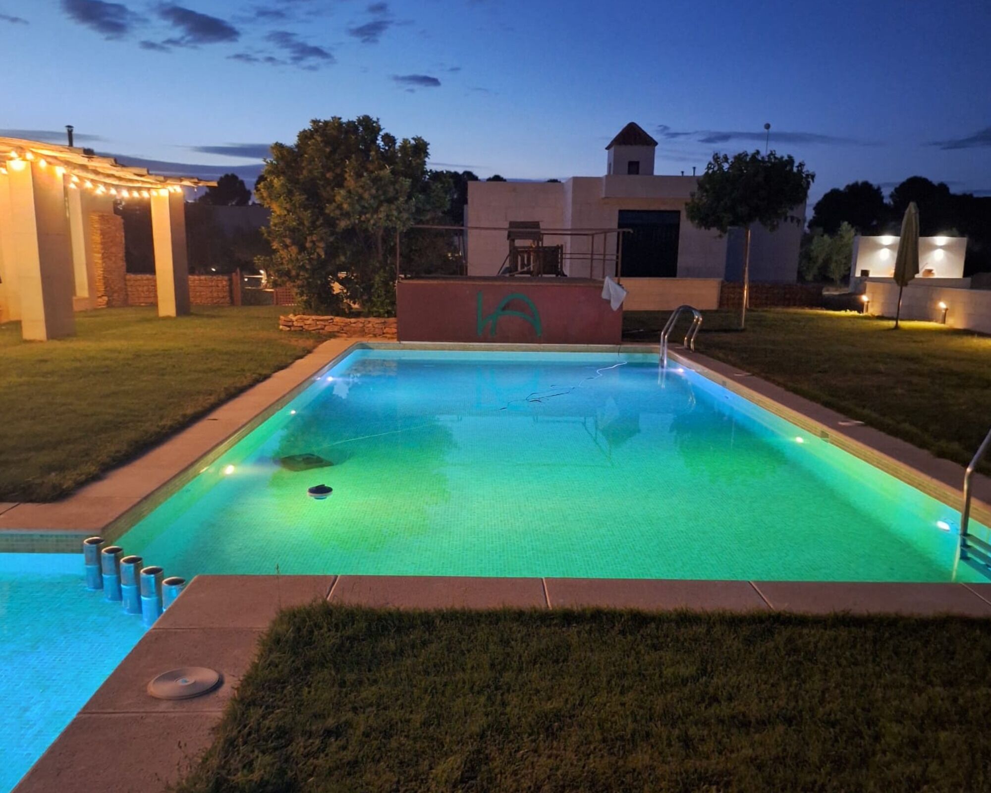 Una piscina rectangular con borde empedrado, una escalera metálica y una zona verde al frente.
