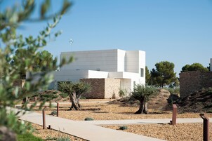 A modern building with a flat roof, surrounded by a landscaped area with small trees and shrubs.