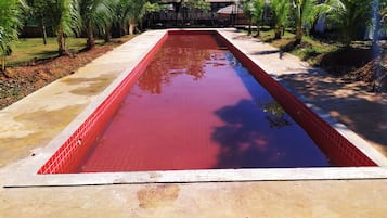 Ein rechteckiger Pool mit roten Fliesen, umgeben von einer Betonplattform und Palmen.