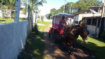 Un carruaje tirado por caballos con toldo, estacionado en un sendero de tierra junto a una pared blanca y un edificio con techo inclinado.