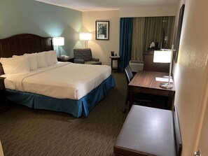 Desk, laptop workspace, blackout curtains, iron/ironing board