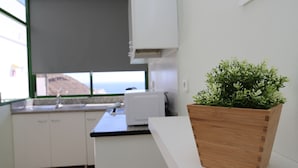 Une cuisine moderne avec des meubles blancs, un plan de travail en bois et une plante en pot.