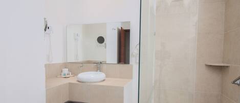 A modern bathroom with a glass shower enclosure, a white sink, and a mirror above it.