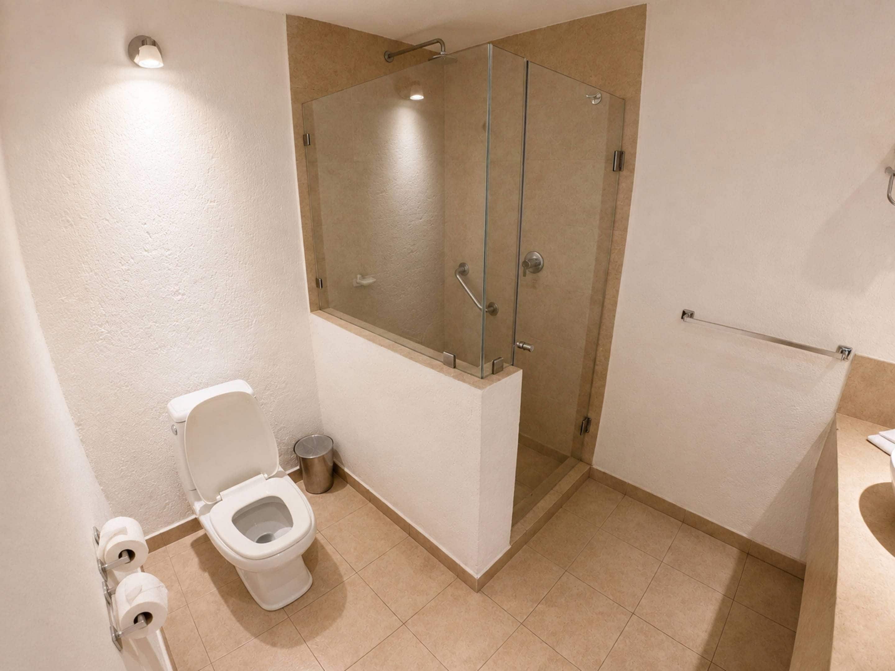 A bathroom with a toilet, a glass-enclosed shower, and a towel rack.