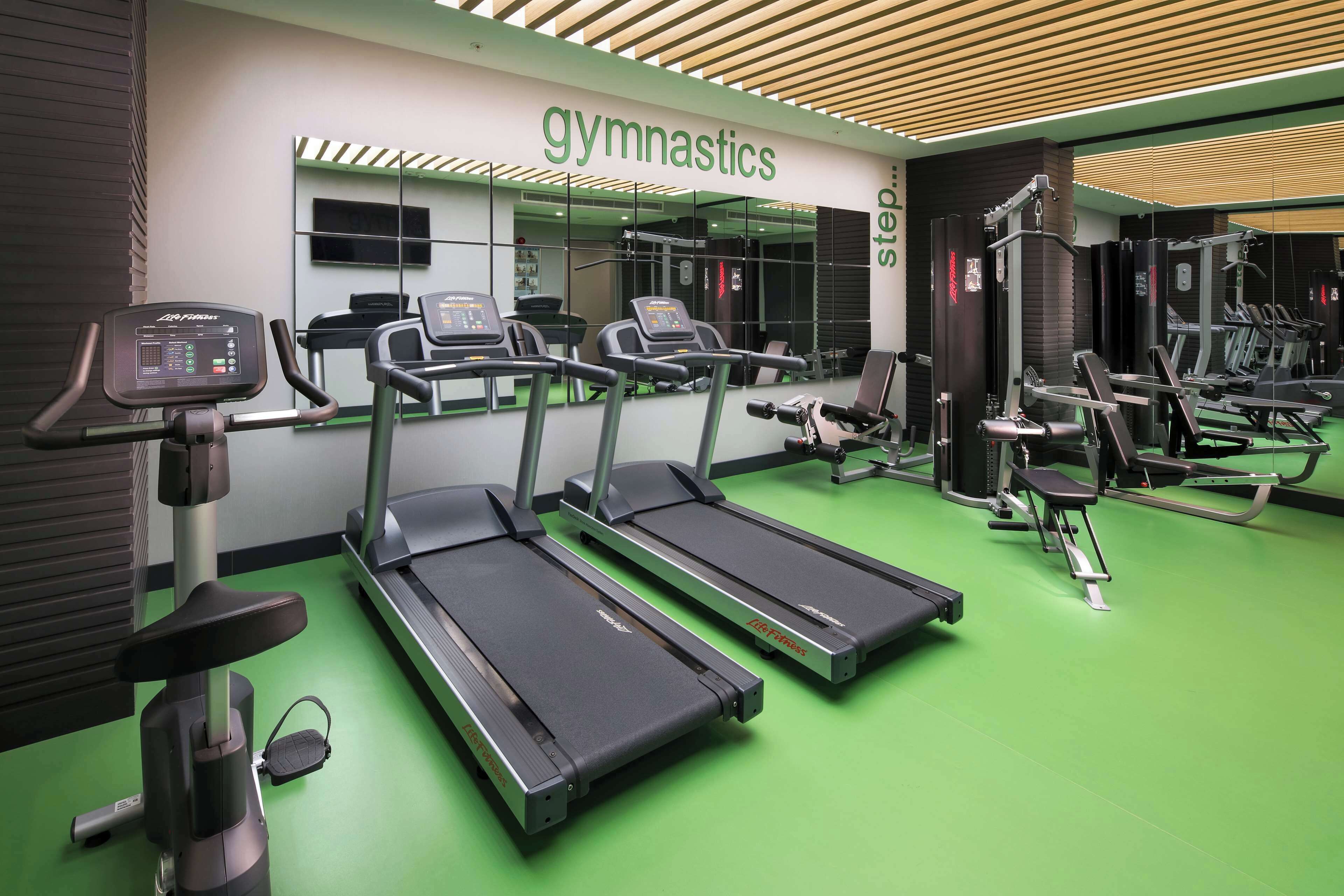 A gym with treadmills, weight machines, and a mirrored wall.