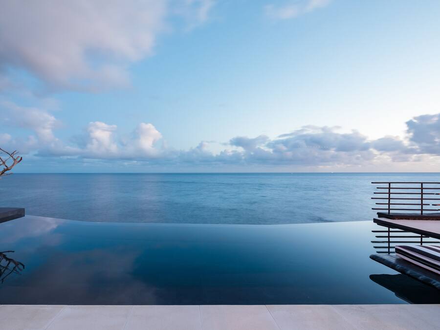 Outdoor pool, pool umbrellas, pool loungers