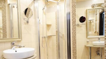 Shower, free toiletries, hair dryer, towels