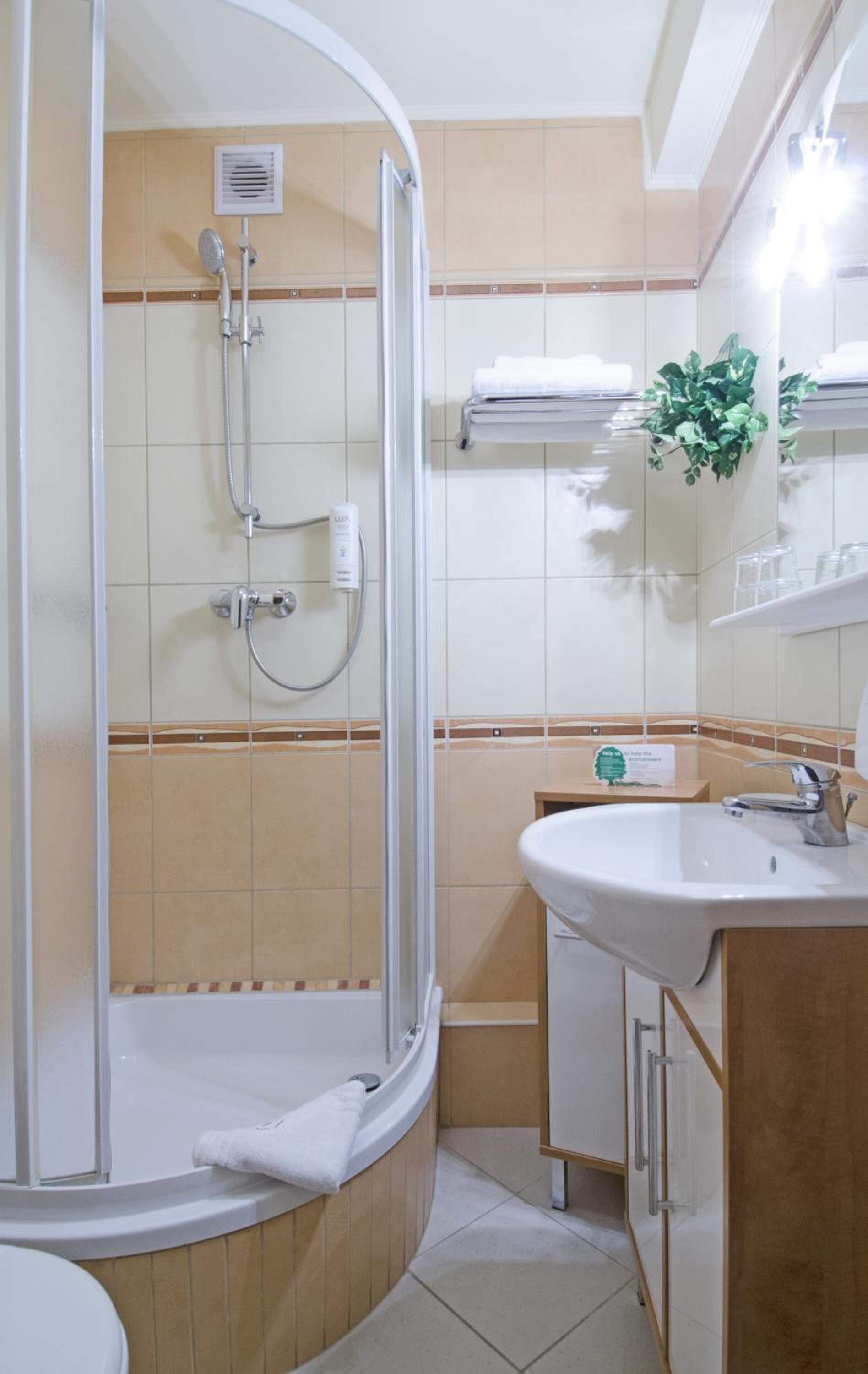 shower, free toiletries, hair dryer, towels