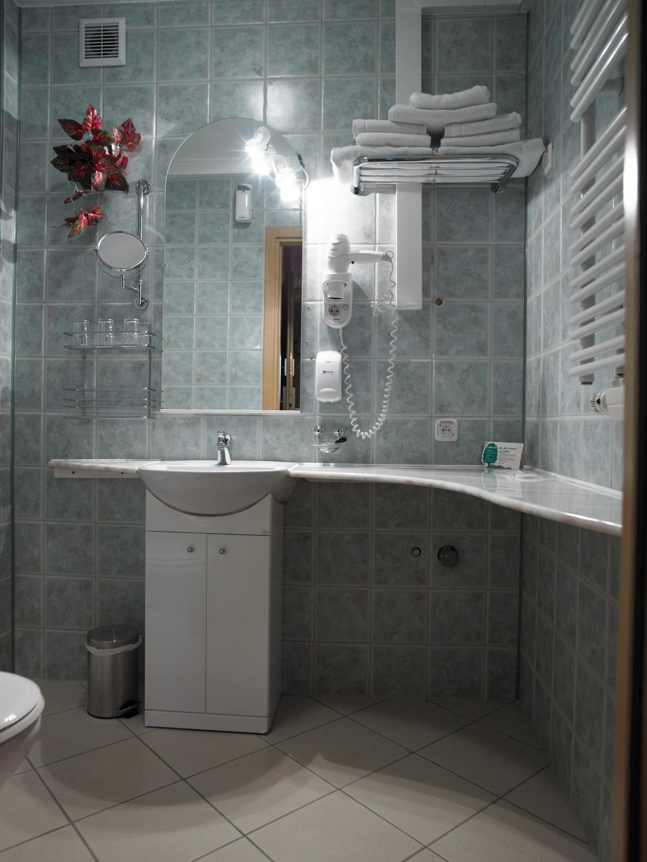 shower, free toiletries, hair dryer, towels