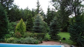 A rectangular swimming pool with a tiled deck, surrounded by lush greenery and trees. - Holiday Home Zgorzale by Lake Radunskie (Zgorzałe)