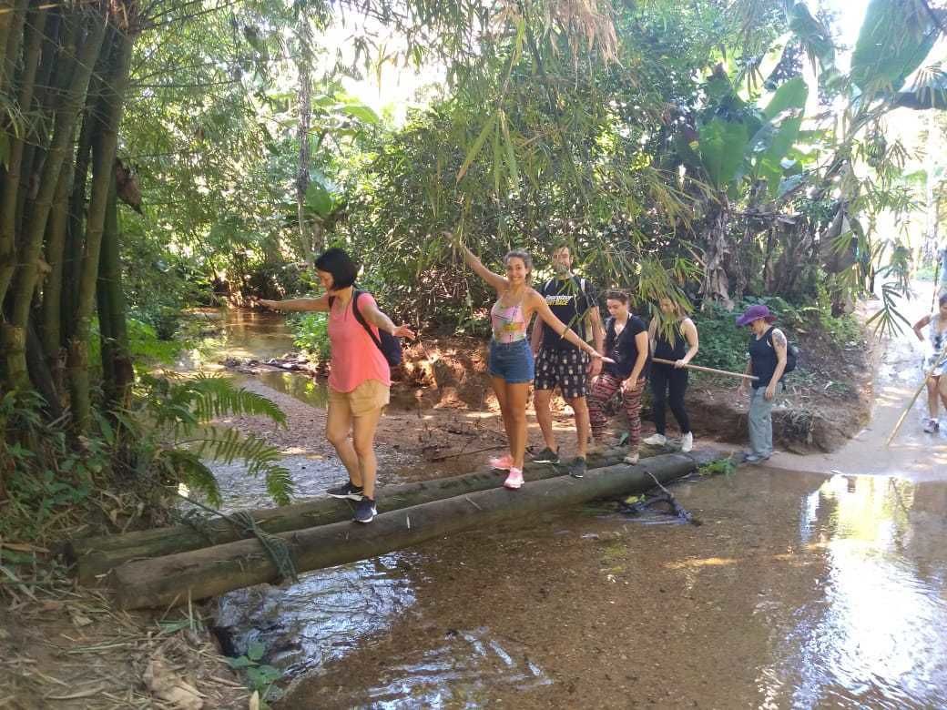 A group of people crossing a narrow bridge over a stream in a forested area.