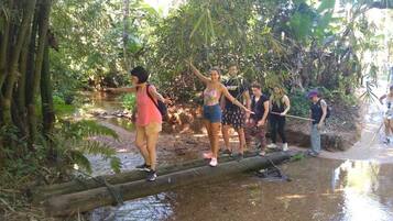 A group of people crossing a narrow bridge over a stream in a forested area.