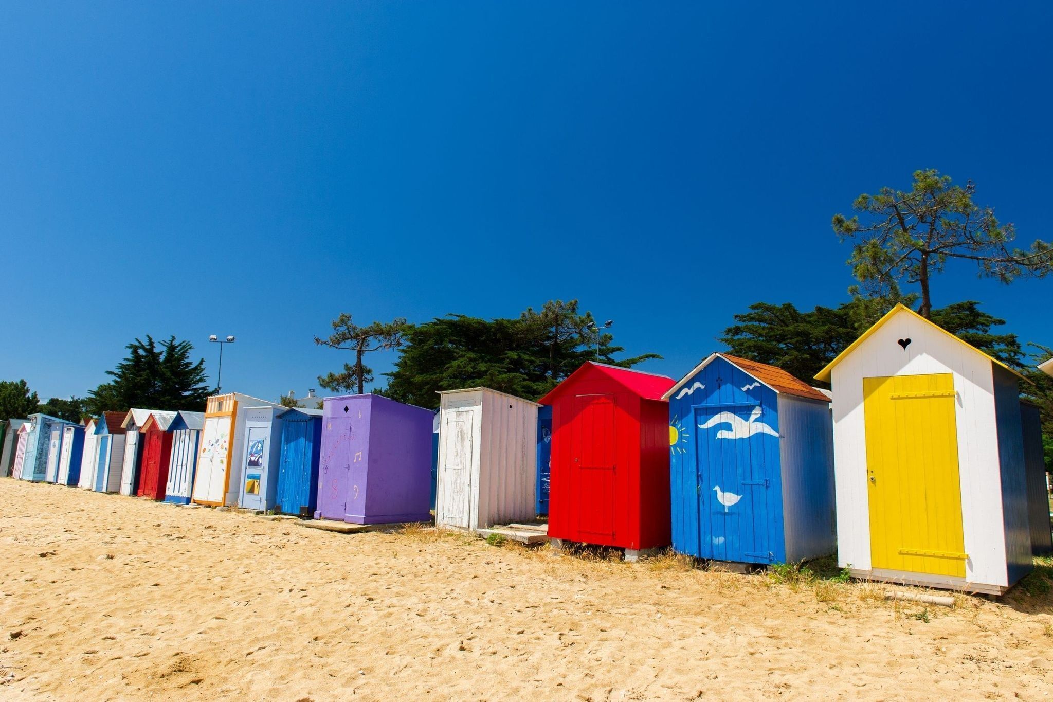 A row of colorful beach huts with a clear blue sky in the background.