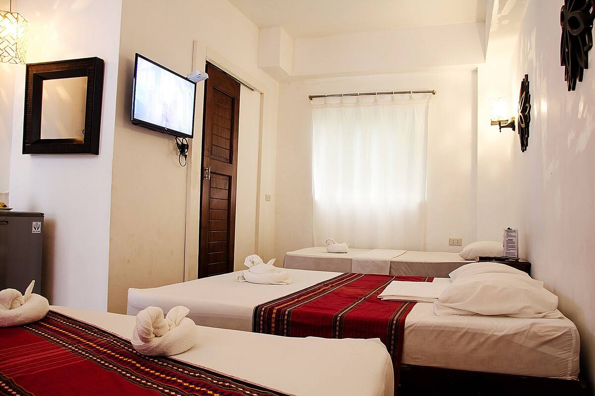Habitación de hotel con dos camas, televisión, espejo, armario y ventana con cortinas.