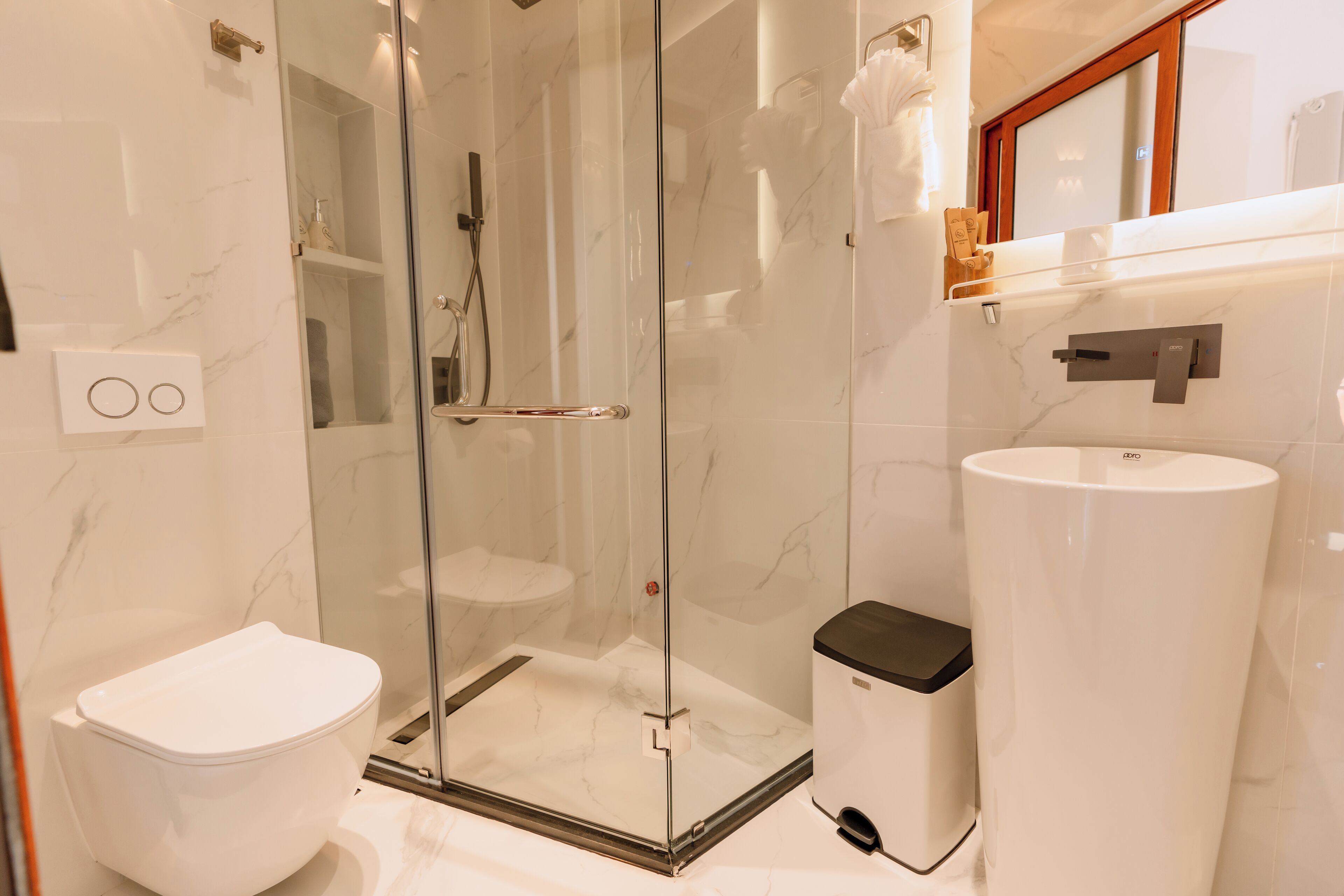 A modern bathroom with a glass-enclosed shower, a toilet, and a large sink.