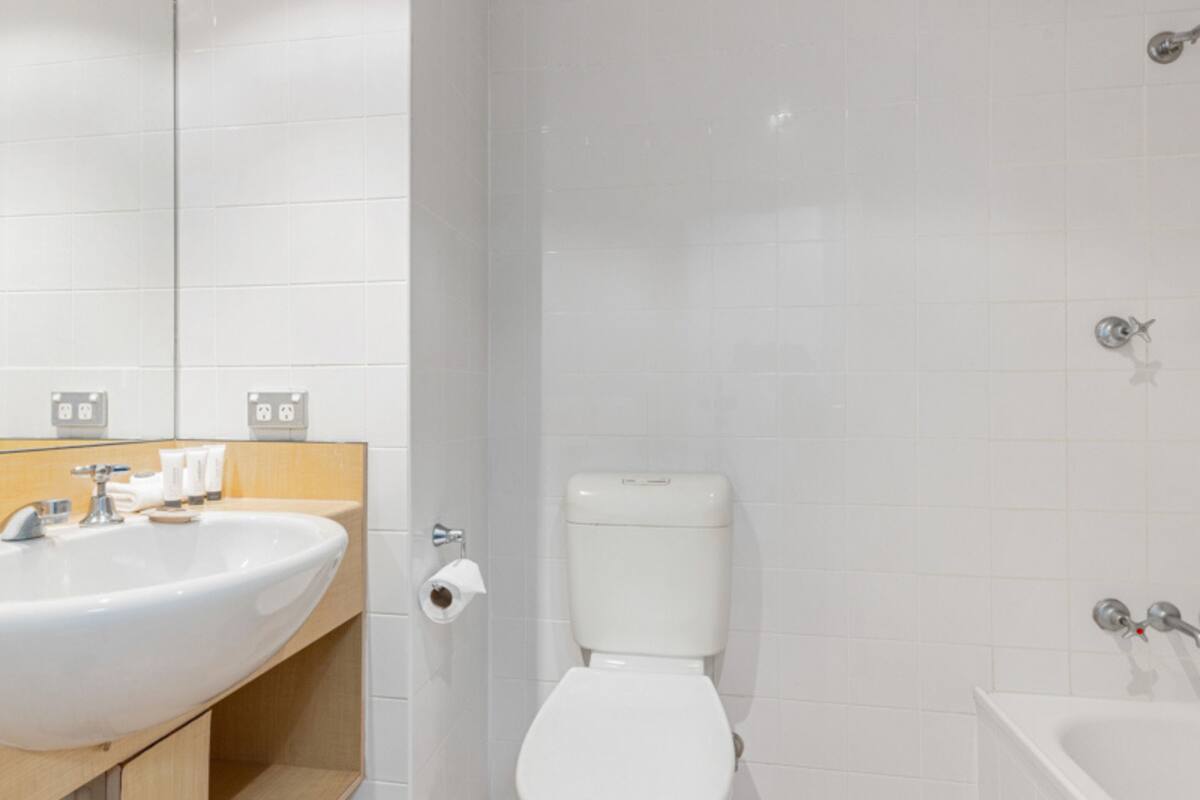 combined shower/bathtub, free toiletries, hair dryer, towels