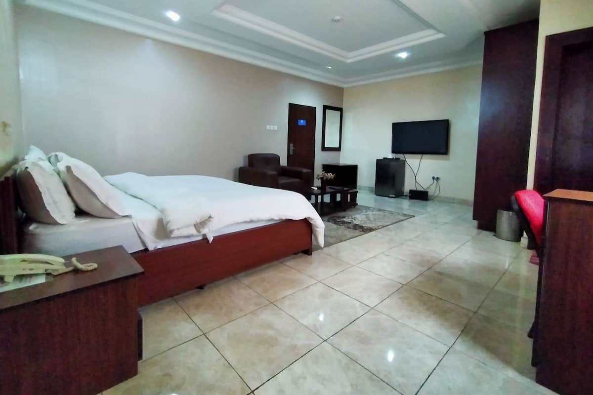Habitación de hotel con cama, escritorio con teléfono, televisor y una zona de estar con una silla y una mesita.