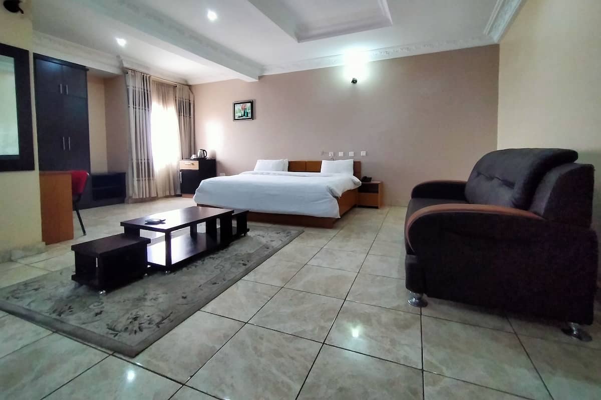 Una habitación de hotel con una cama, un escritorio, una silla y un televisor.