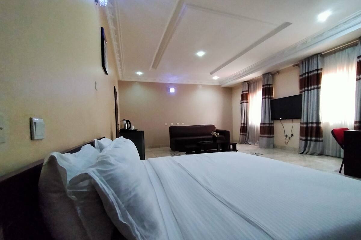 Una habitación de hotel con una cama grande, un sofá, un televisor y cortinas.