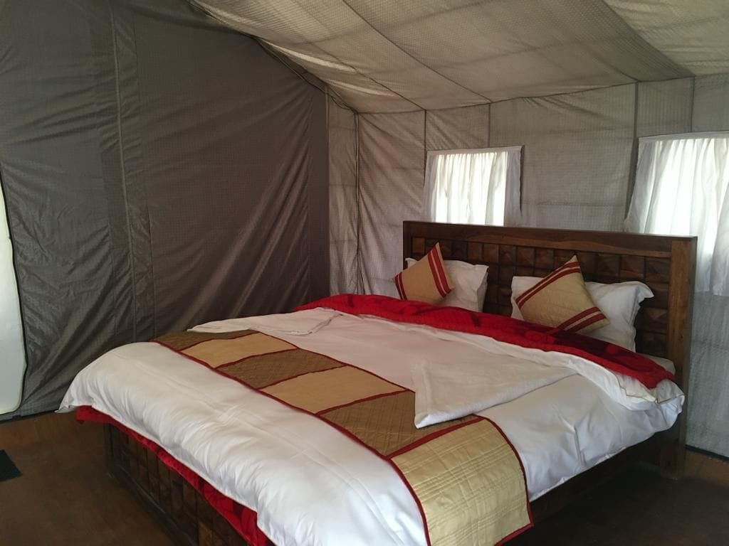 Una habitación con carpa, cama, cortinas y ventana.
