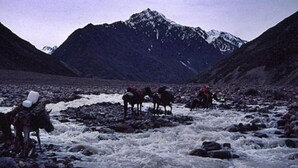 Un grupo de personas de pie en la orilla rocosa de un río, con una montaña al fondo.