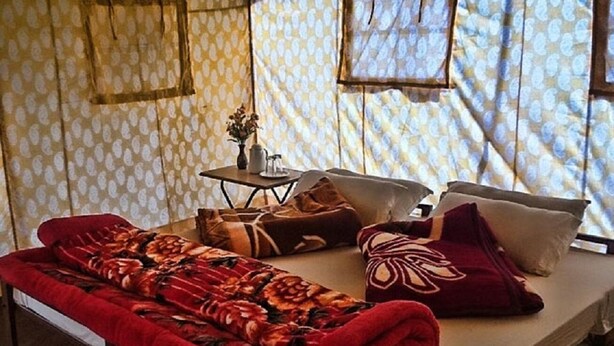 Alojamiento con carpa que incluye una cama, almohadas, una mesa con un florero y una manta.