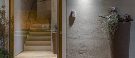 A wooden staircase leading to a room, a large potted plant, and a wall-mounted light fixture.
