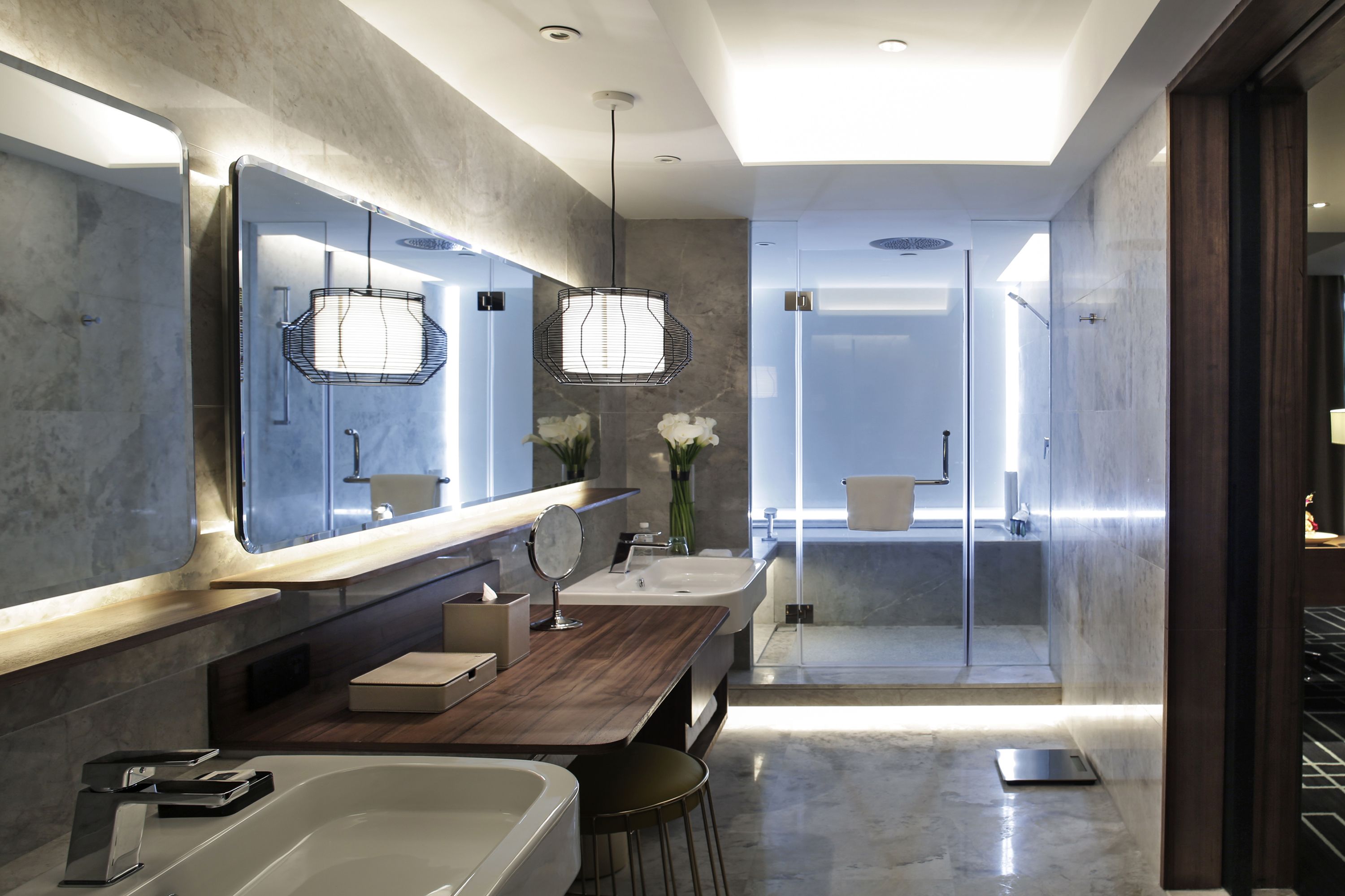 separate bathtub and shower, free toiletries, hair dryer, bathrobes