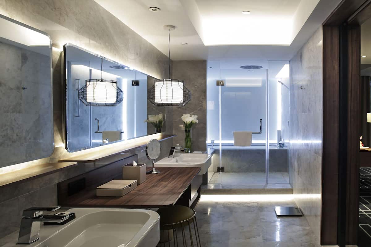 separate bathtub and shower, free toiletries, hair dryer, bathrobes