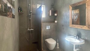 Un baño pequeño con ducha, inodoro y lavamanos.