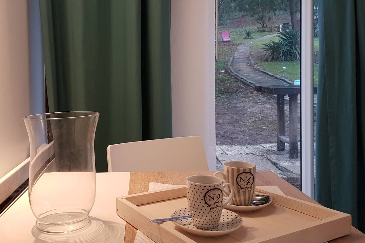 Una mesa con un florero de vidrio transparente, dos tazas y una bandeja con una cuchara. Una ventana con cortinas verdes muestra vista a un jardín.