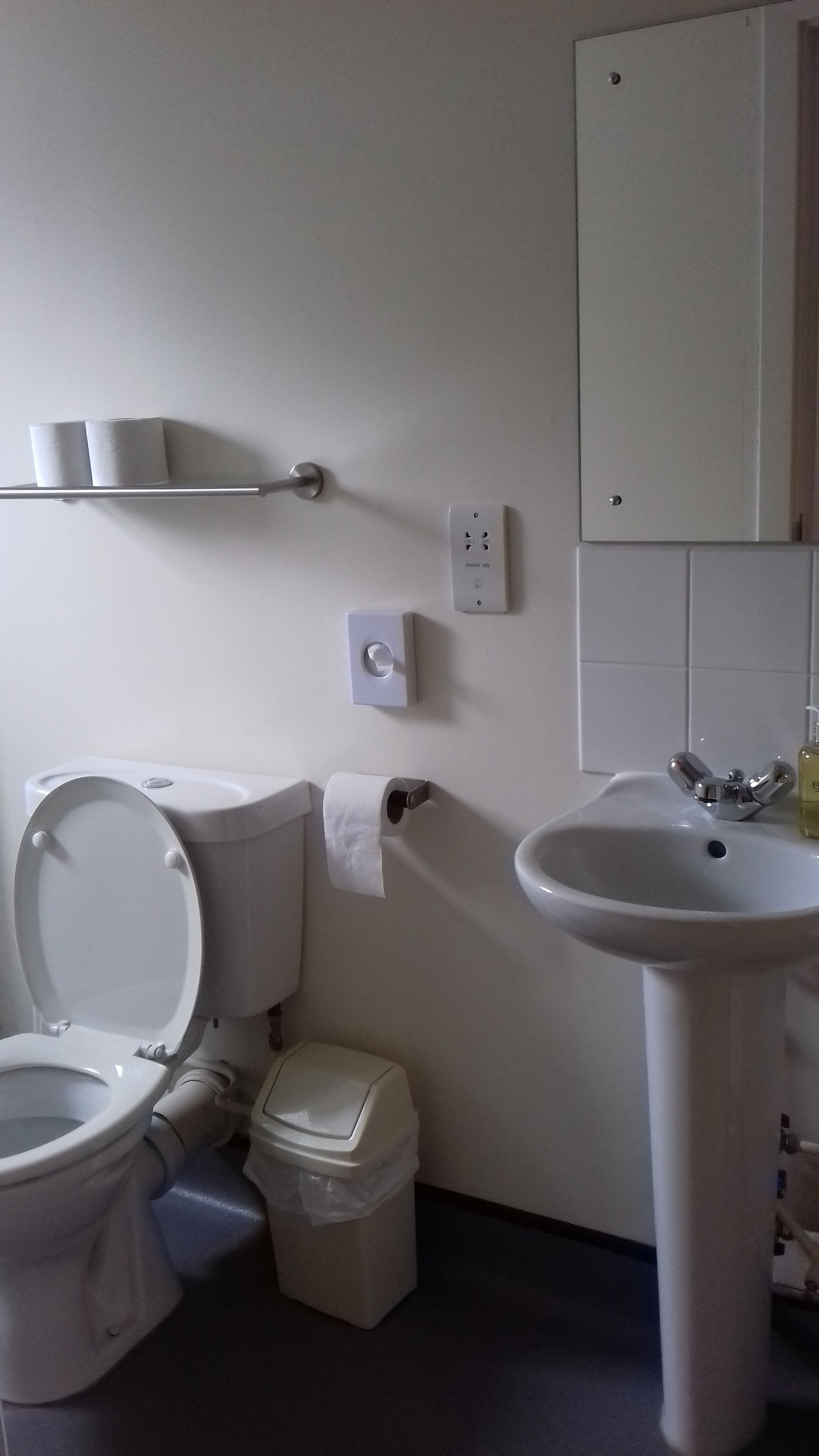 Un baño con inodoro, lavamanos y dispensador de papel higiénico.