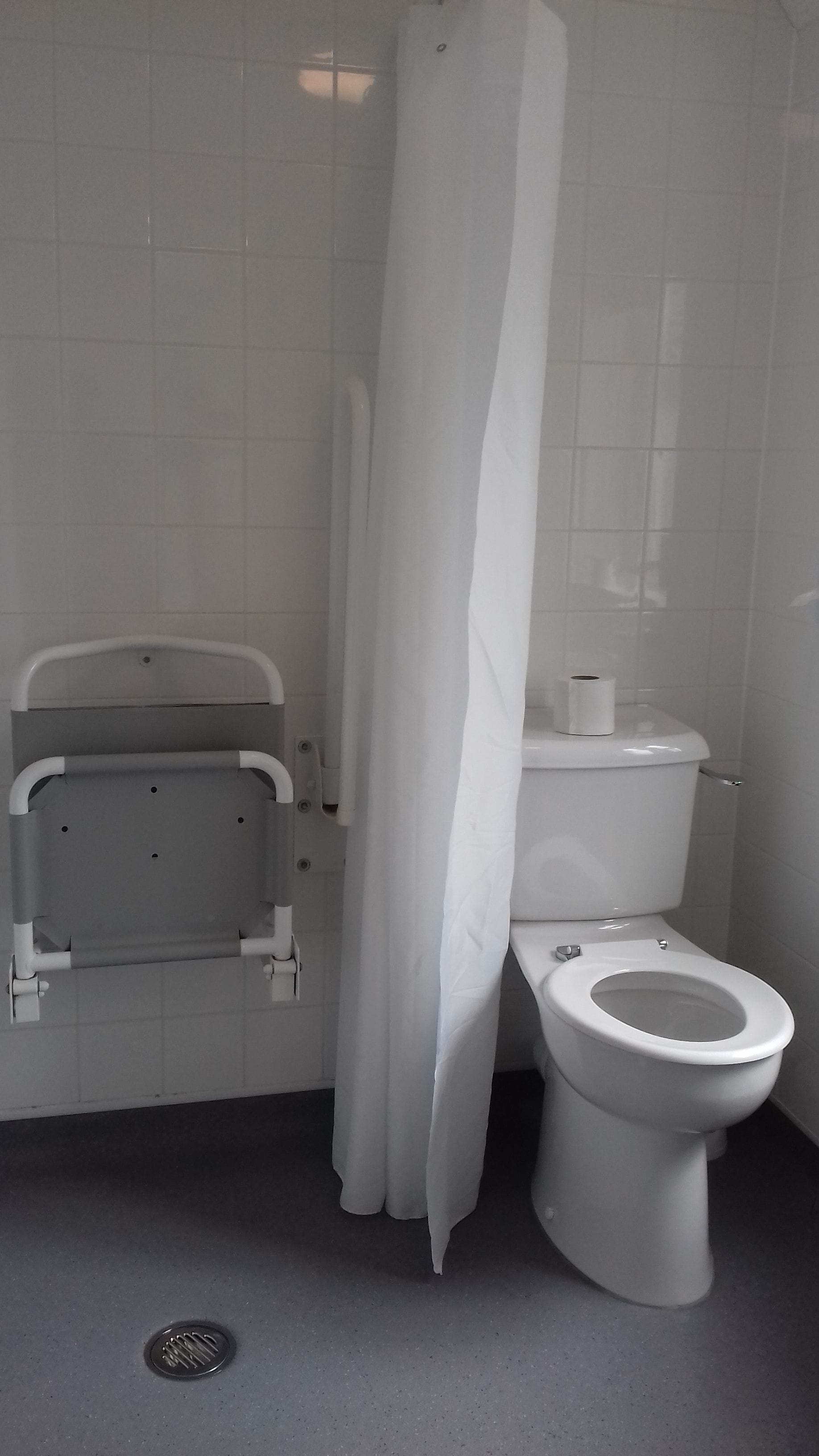 A bathroom with a white toilet, a shower curtain, and a grab bar.