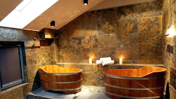 Sauna, spa tub, steam room, body treatments, mud baths