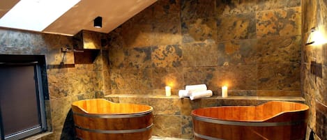 Sauna, spa tub, steam room, body treatments, mud baths