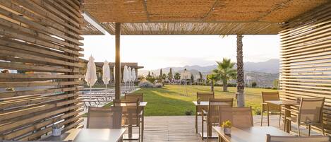Un patio exterior con mobiliario de madera y sombrillas, con vistas a una zona verde con palmeras y montañas a lo lejos.