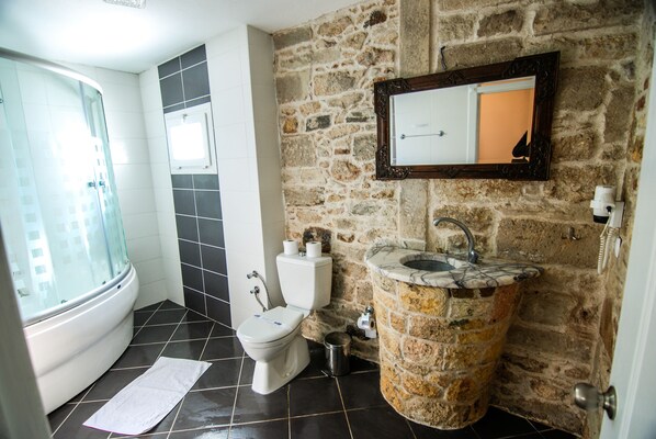 Une salle de bain avec un lavabo en pierre, une douche en verre, des toilettes et un miroir au mur.