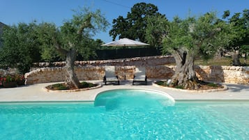 Seasonal outdoor pool, pool umbrellas, sun loungers