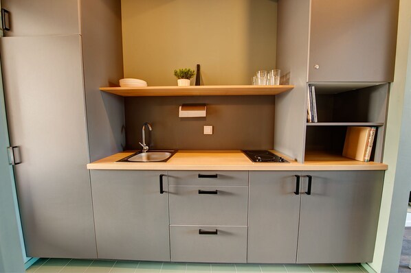 Una kitchenette compacta con pileta, estufa y alacenas.