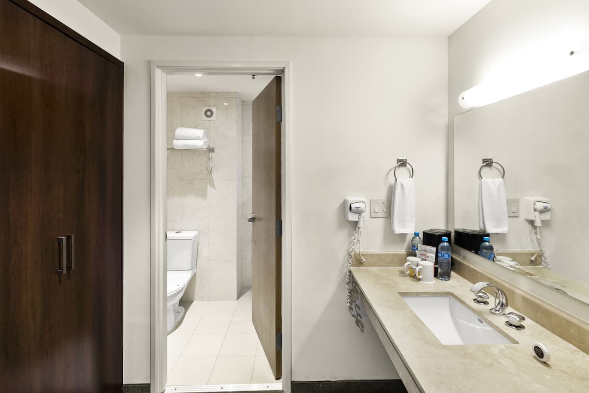 shower, rainfall showerhead, free toiletries, hair dryer