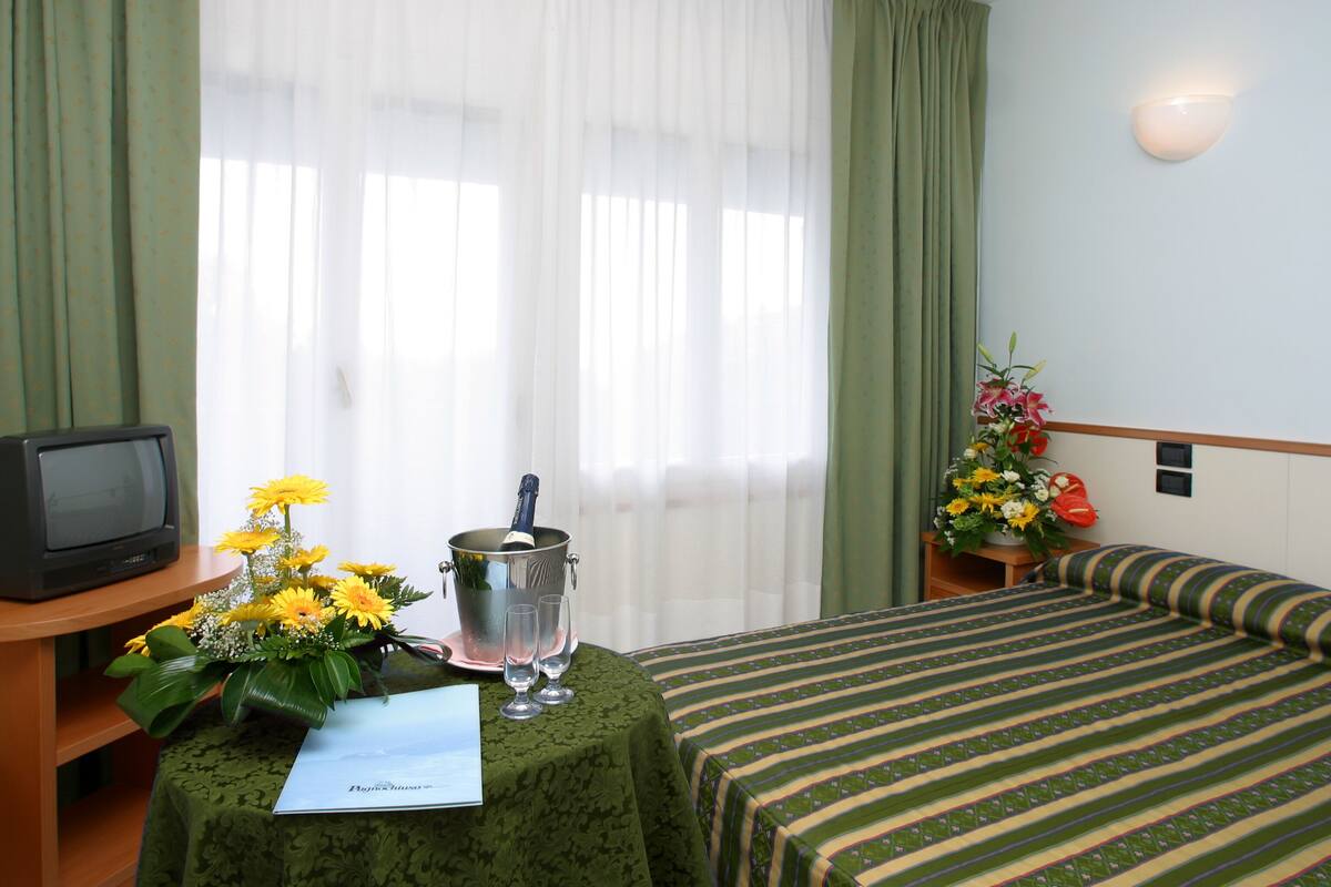 Minibar, desk, blackout curtains, bed sheets
