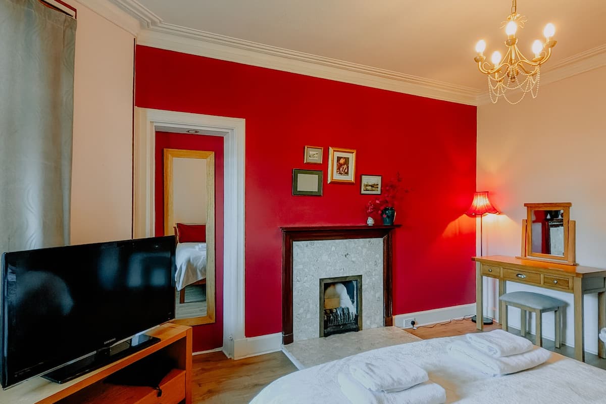 Une chambre à coucher avec un grand lit, un téléviseur posé sur un meuble en bois, une cheminée et un lustre.