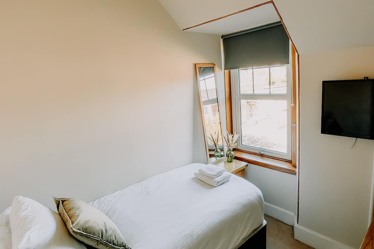 Une chambre à coucher avec un lit, des oreillers, une fenêtre, un miroir, une télévision et un luminaire au plafond.