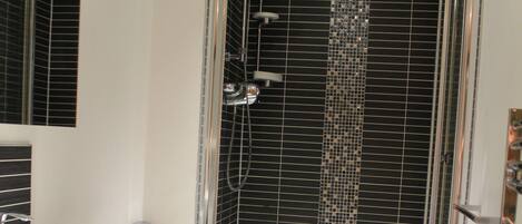 Shower, free toiletries, hair dryer, towels
