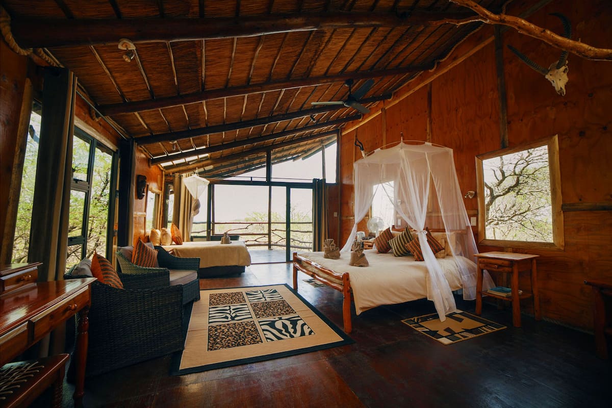 A wooden room with a bed, a sofa, and a window.