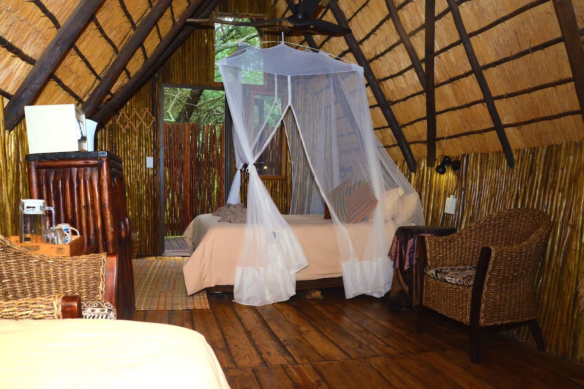 A room with a bed, a chair, a table with a cup and a book, and a mosquito net over the bed.