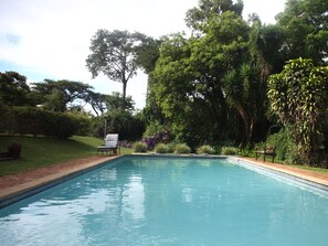 A rectangular swimming pool with a tiled edge, surrounded by lush greenery and trees. - Thokozani Lodge (Mbombela)
