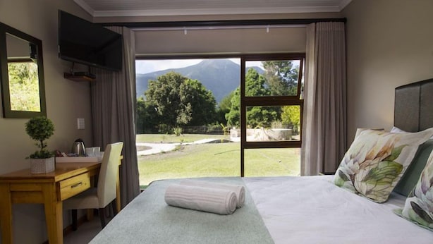 A hotel room with a bed, a desk, a chair, a small potted plant, and a view of a mountain and greenery through a large window. - Tsitsikamma Manor (Storms River)